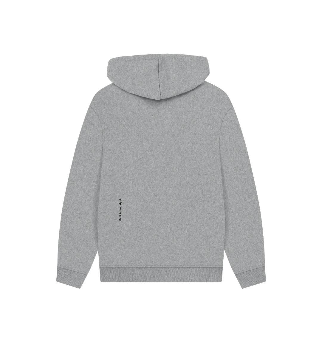 Dos du hoodie gris avec message "built to feel right" imprimé en bas