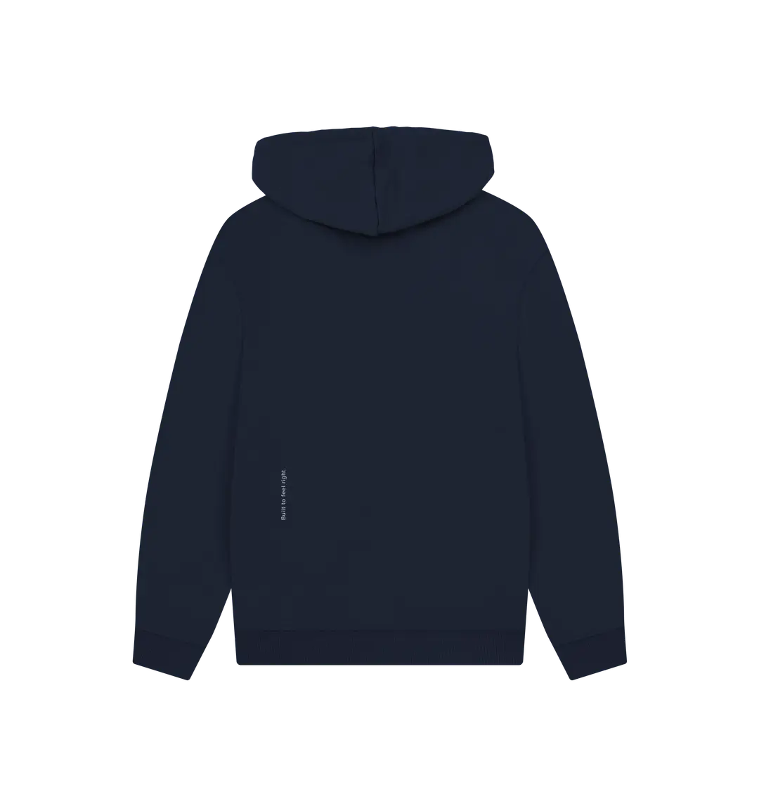 Vue produit du dos du hoodie bleu marine KARDAIA avec texte discret en bas à gauche