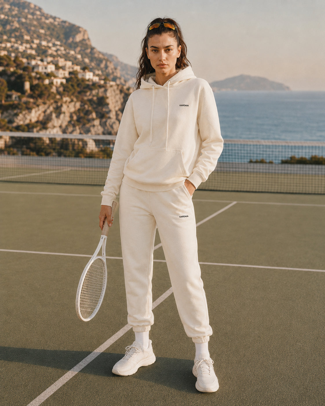 Vue de face de la tenue sportswear femme Kardaia écrue, composée d’un hoodie à poche kangourou et d’un pantalon de jogging aux chevilles resserrées. Le modèle tient une raquette de tennis devant les falaises et la mer Méditerranée.