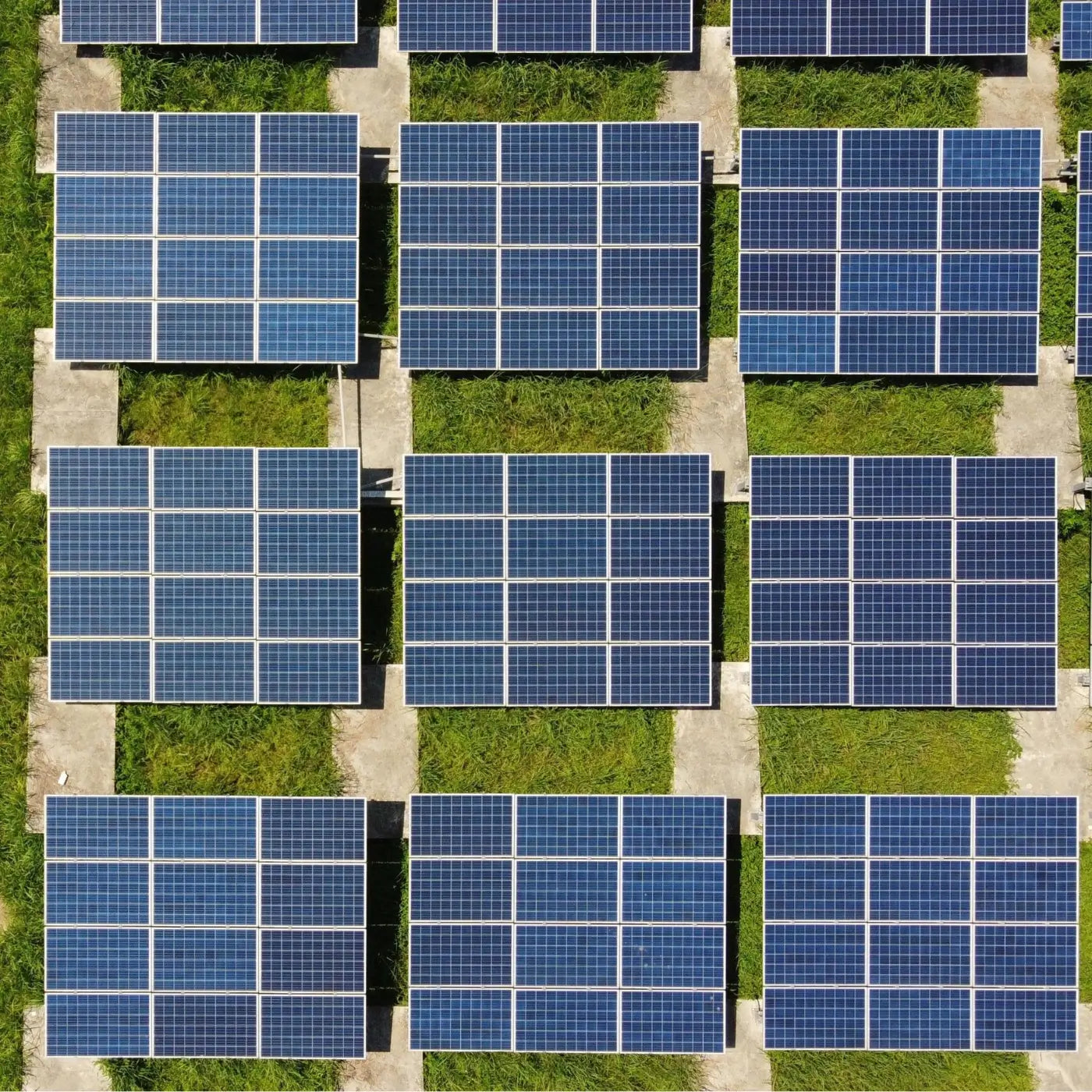 Vue aérienne de panneaux solaires alignés sur sol végétalisé, production d’énergie verte