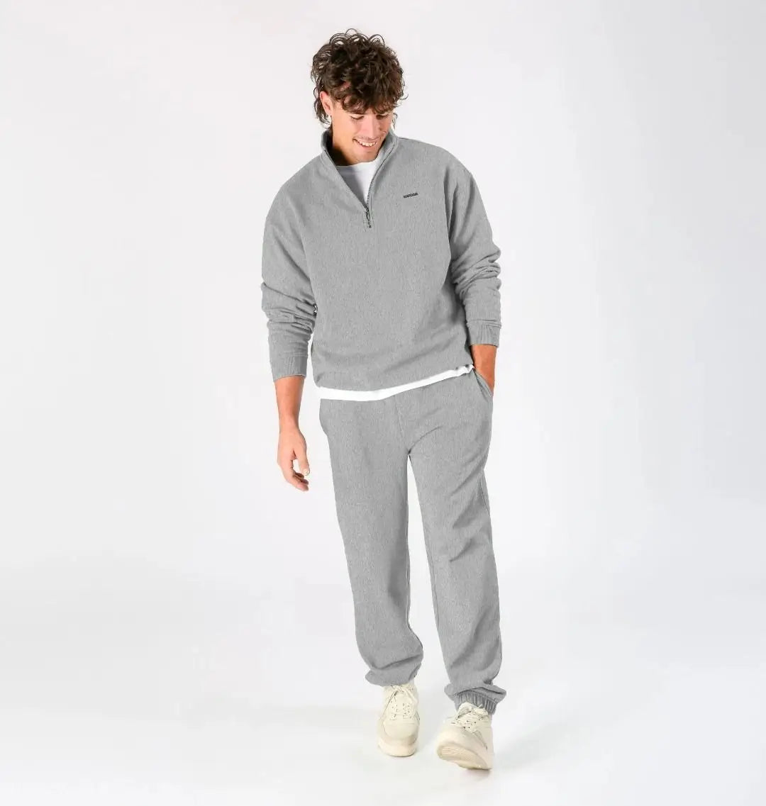 sweat homme quart de zip gris pierre KARDAIA, coton bio, coupe droite