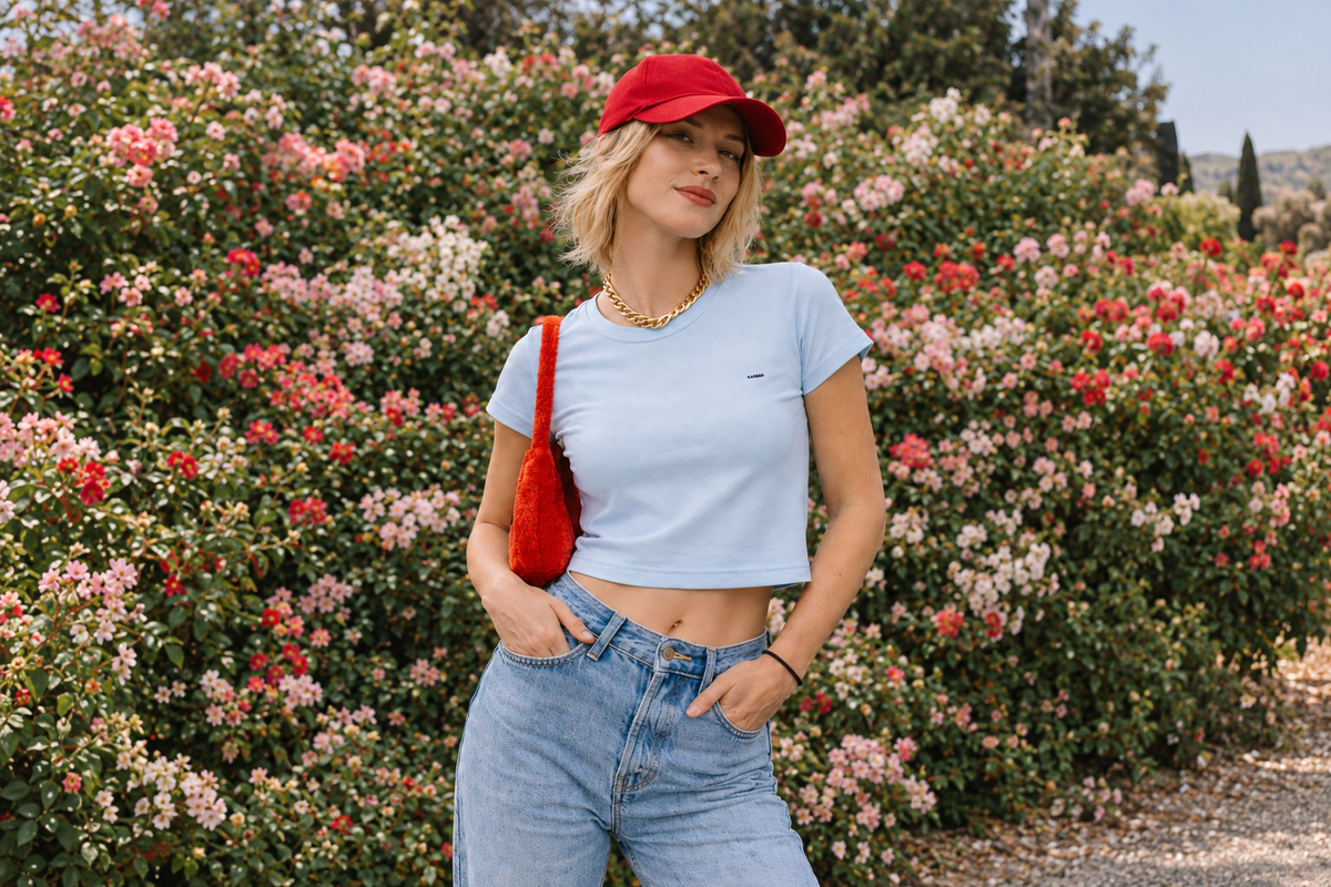 Femme portant un t-shirt court bleu ciel KARDAIA en coton biologique avec un jean clair, une casquette rouge et un sac rouge, devant des rosiers fleuris.