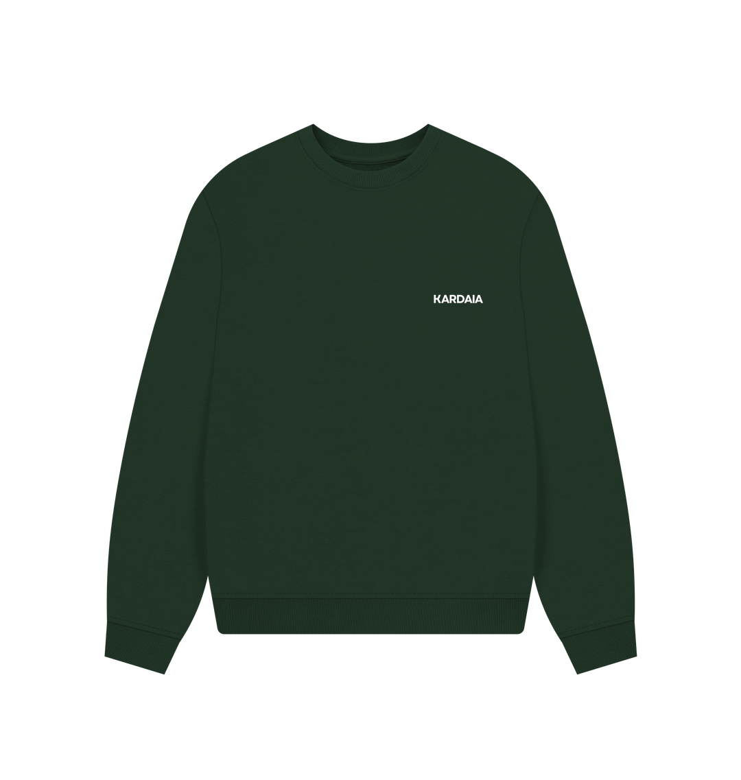 Pull oversize vert à plat avec logo Kardaia côté cœur, style minimaliste