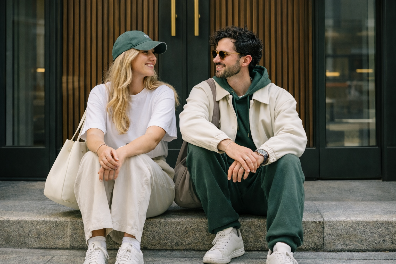 Couple lifestyle urbain vert et beige en coton bio look minimal KARDAIA