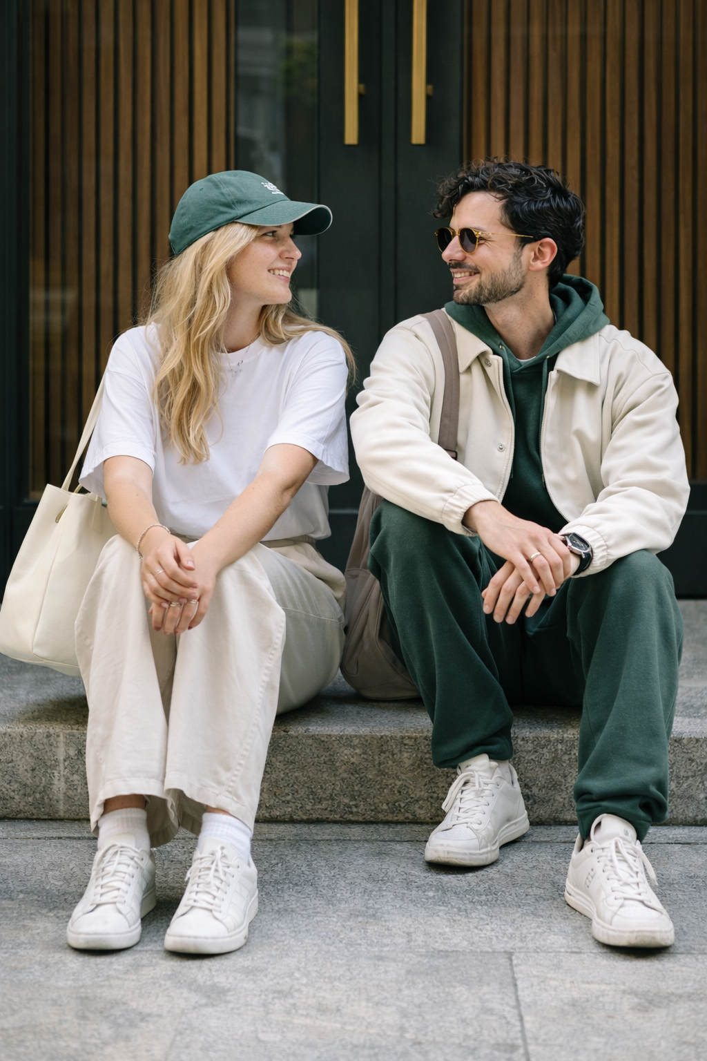 Couple look urbain vert et beige coton bio style minimal KARDAIA