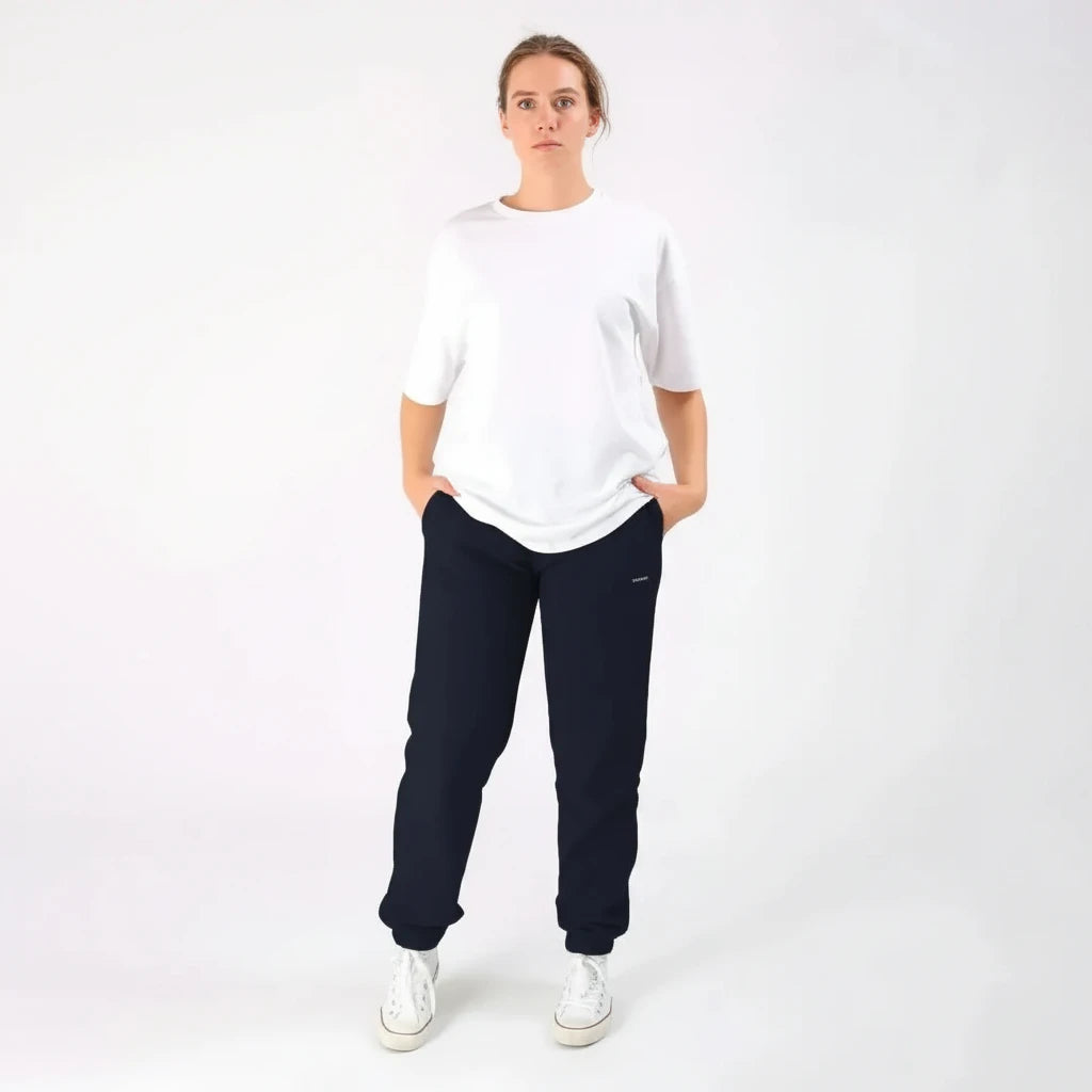 jogging femme en coton bio bleu nuit de face