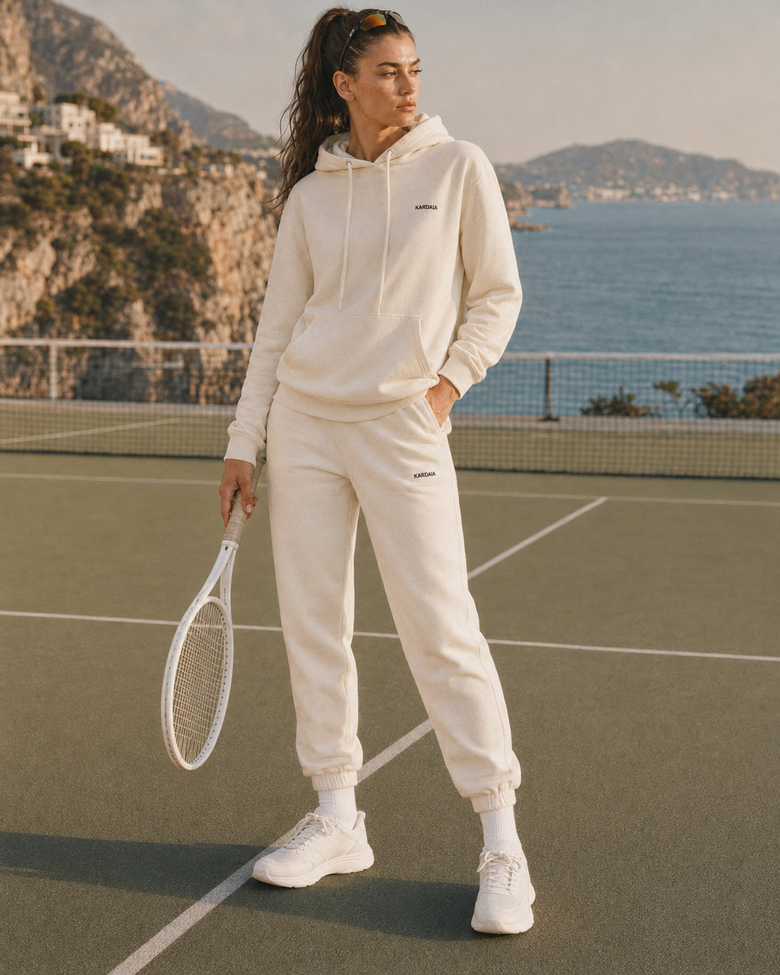 Ensemble femme Kardaia écru composé d’un sweat à capuche avec poche kangourou et d’un pantalon de survêtement assorti en coton biologique. Photographie en pied sur un court de tennis dominant le littoral méditerranéen d’Èze.