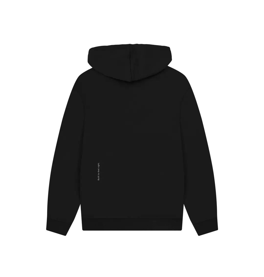 Vue à plat de dos d’un hoodie noir KARDAIA pour homme avec l’inscription "Built to feel right"
