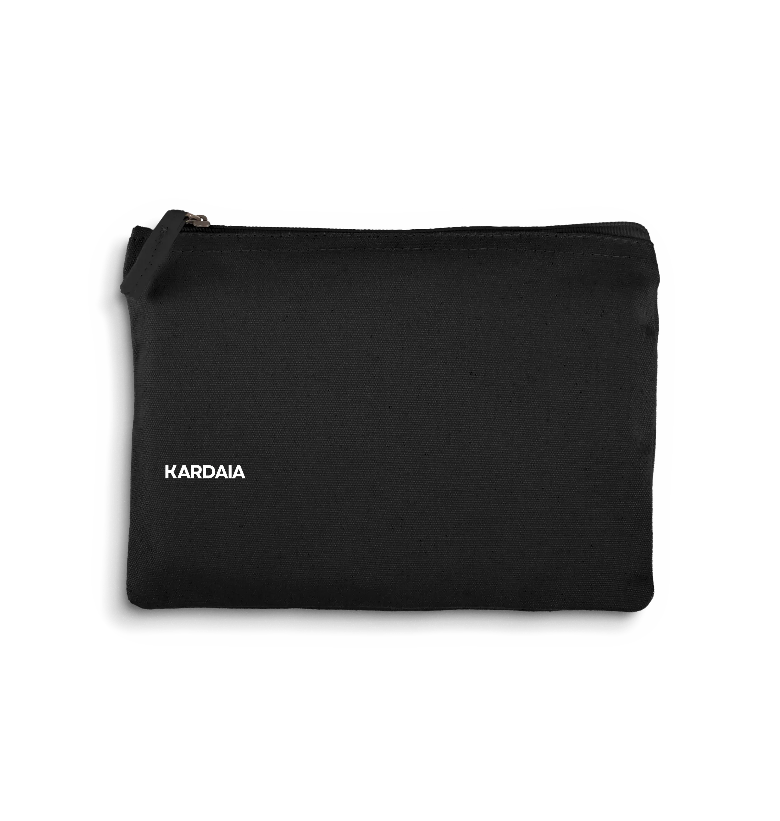 Pochette noire en coton biologique avec fermeture zippée, présentée en studio dans un style minimaliste