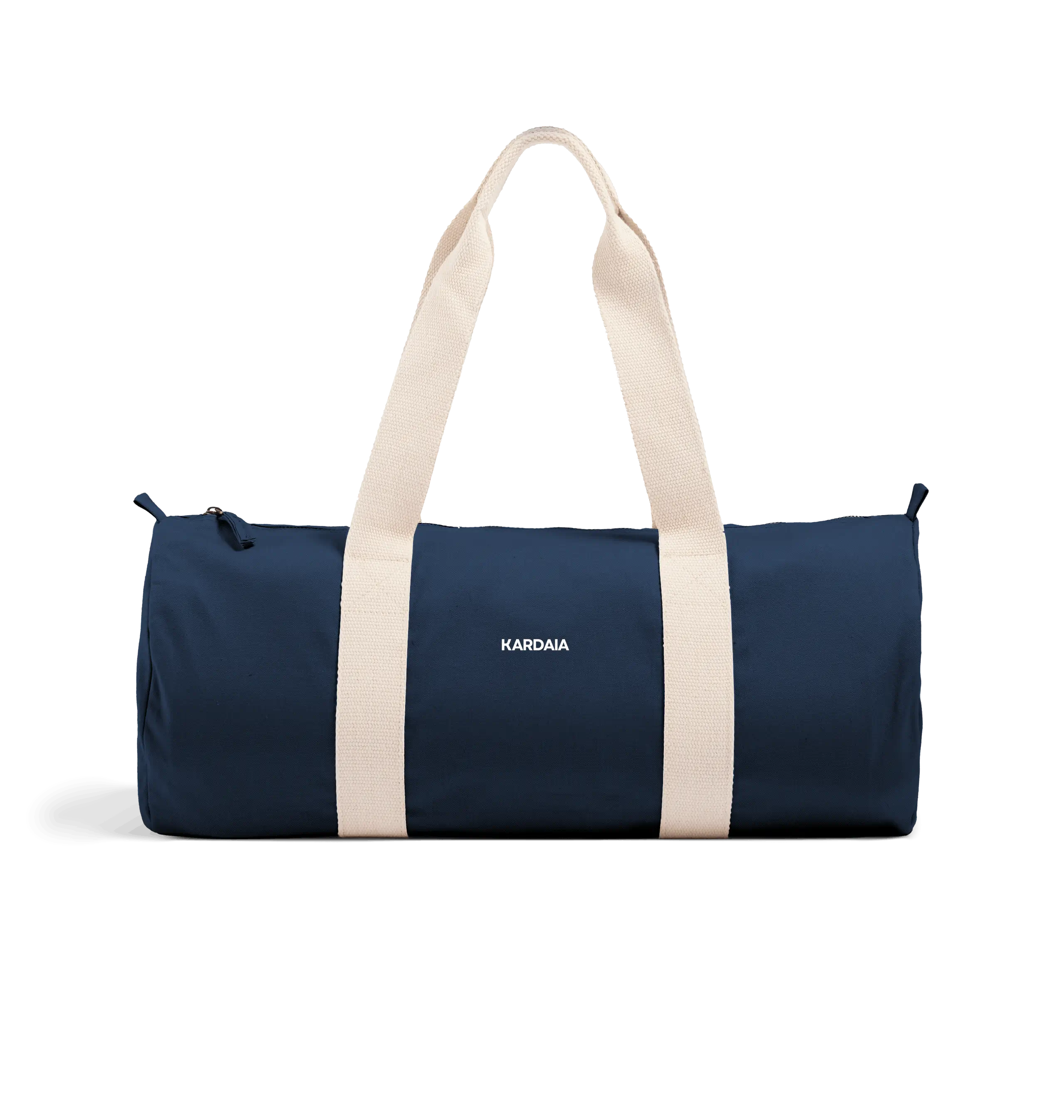 Sac de voyage navy en coton biologique avec poignées en sangle, présenté en studio sur fond sombre