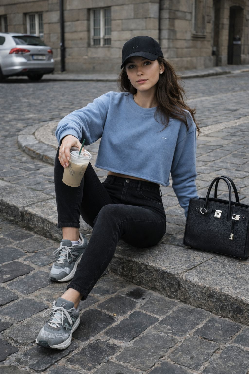 Sweat crop femme bleu coton bio look urbain minimaliste KARDAIA